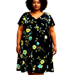 Le Bos 24W Black Women's Floral Short Sleeve Maxi BOHO Dress Plus Sz 3X 3XL XXXL